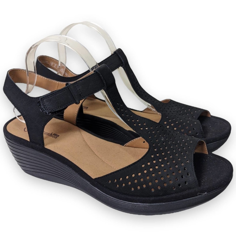 Clarks Collection Cushion Leather Perforated Wedge Sandals Women's Sz 11 Black - Picture 1 of 8